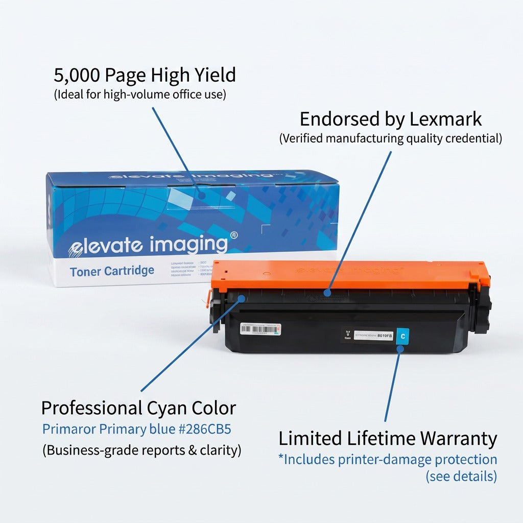 Elevate Imaging cyan toner cartridge with callouts for 5,000 page yield and lifetime warranty.
