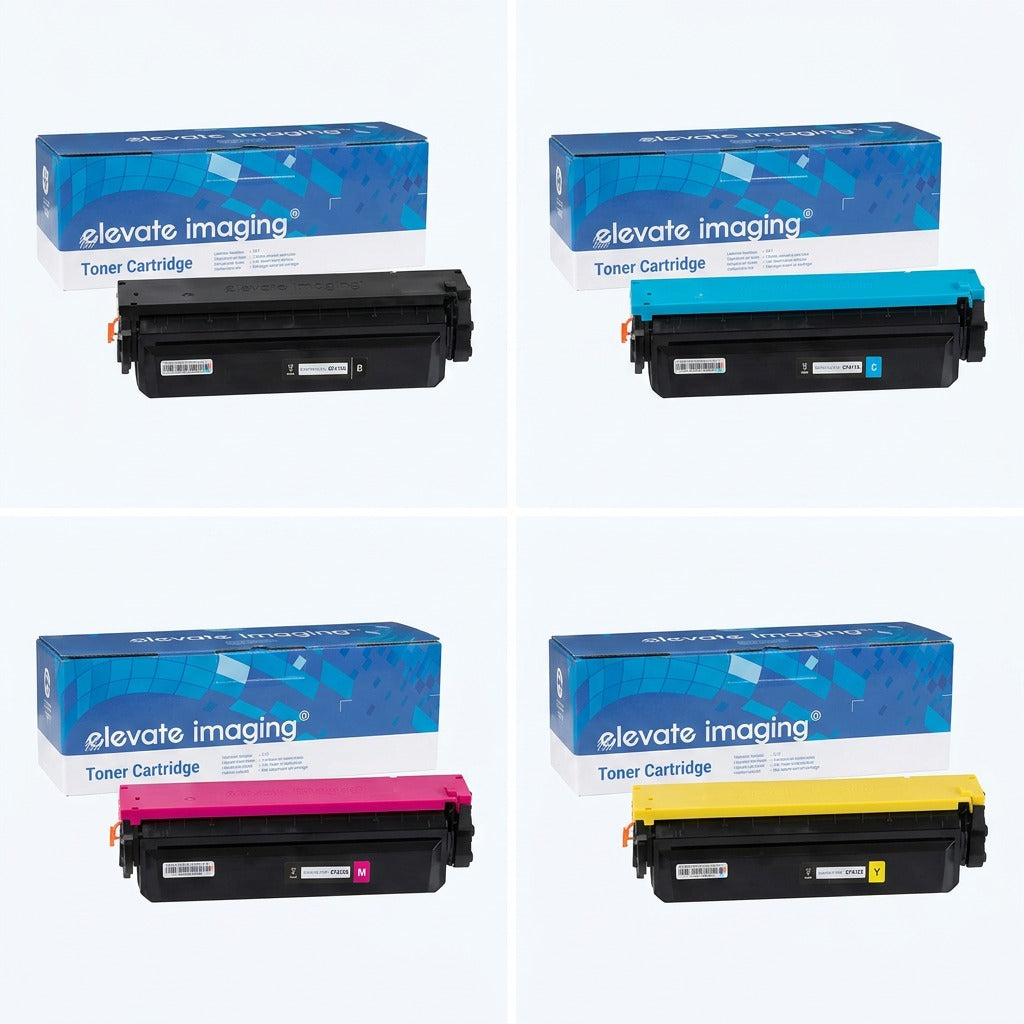 Elevate Imaging HP 410X compatible toner cartridges in black, cyan, magenta, and yellow sets.