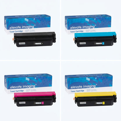 Elevate Imaging HP 410X compatible toner cartridges in black, cyan, magenta, and yellow sets.