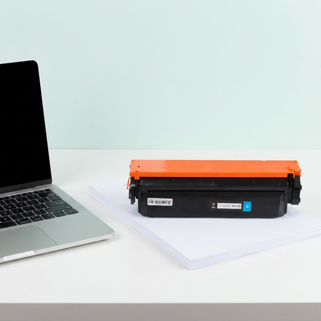 Elevate Imaging cyan toner cartridge for HP 410X on a desk next to a laptop for scale reference.