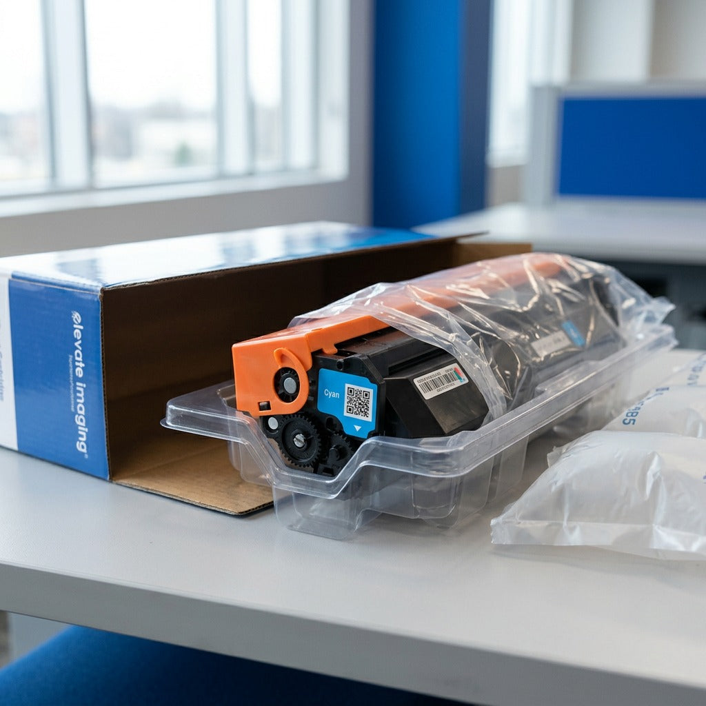 A cyan HP 410X remanufactured toner cartridge in protective packaging beside an Elevate Imaging box.