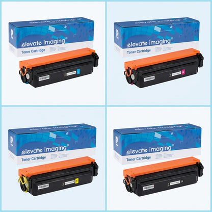 A 2x2 matrix showcasing Elevate Imaging HP 410X remanufactured toner cartridges in cyan, magenta, yellow, and black.