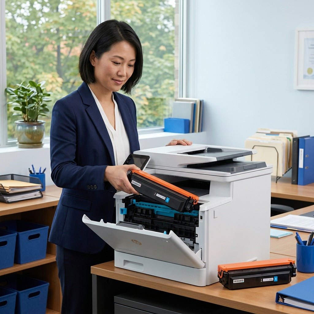 Office professional installing a cyan HP 410X remanufactured toner cartridge into a white printer.