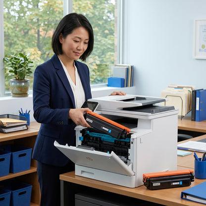 Office professional installing a cyan HP 410X remanufactured toner cartridge into a white printer.