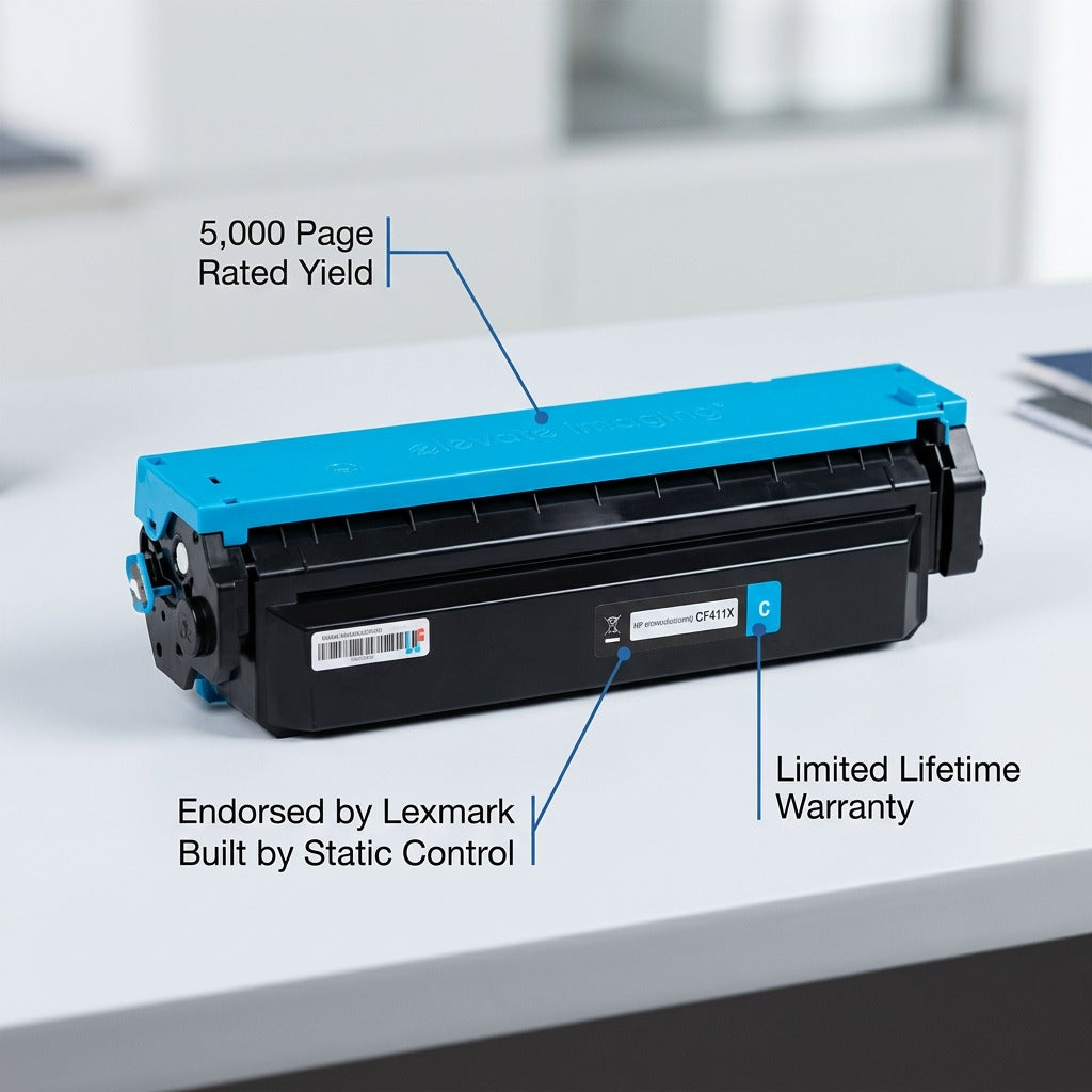 Elevate Imaging cyan CF411X toner with 5,000 page yield, Lexmark endorsement, and lifetime warranty.