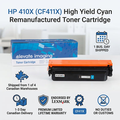 Infographic for Elevate Imaging HP 410X Cyan Toner CF411X with Canadian shipping and warranty icons.