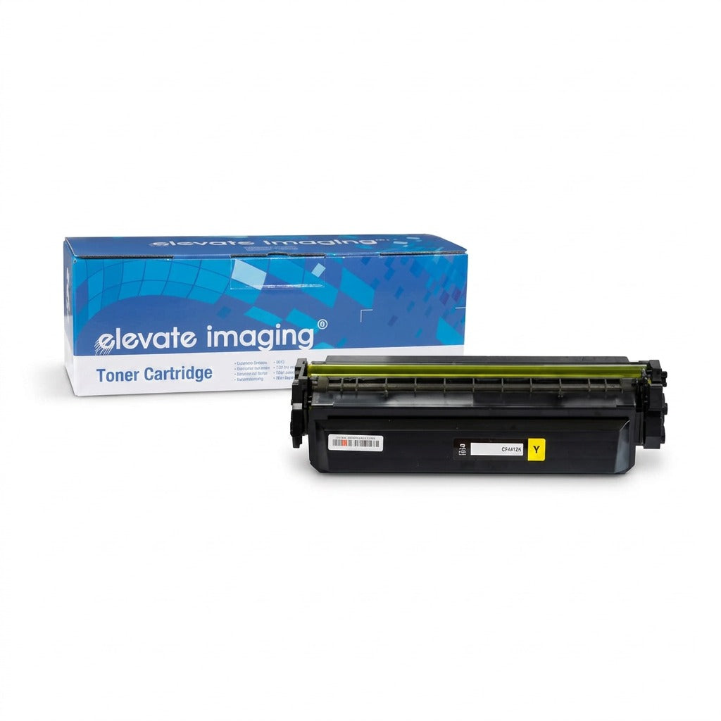 Elevate Imaging compatible HP 410X (CF412X) high yield yellow toner cartridge and branded box.