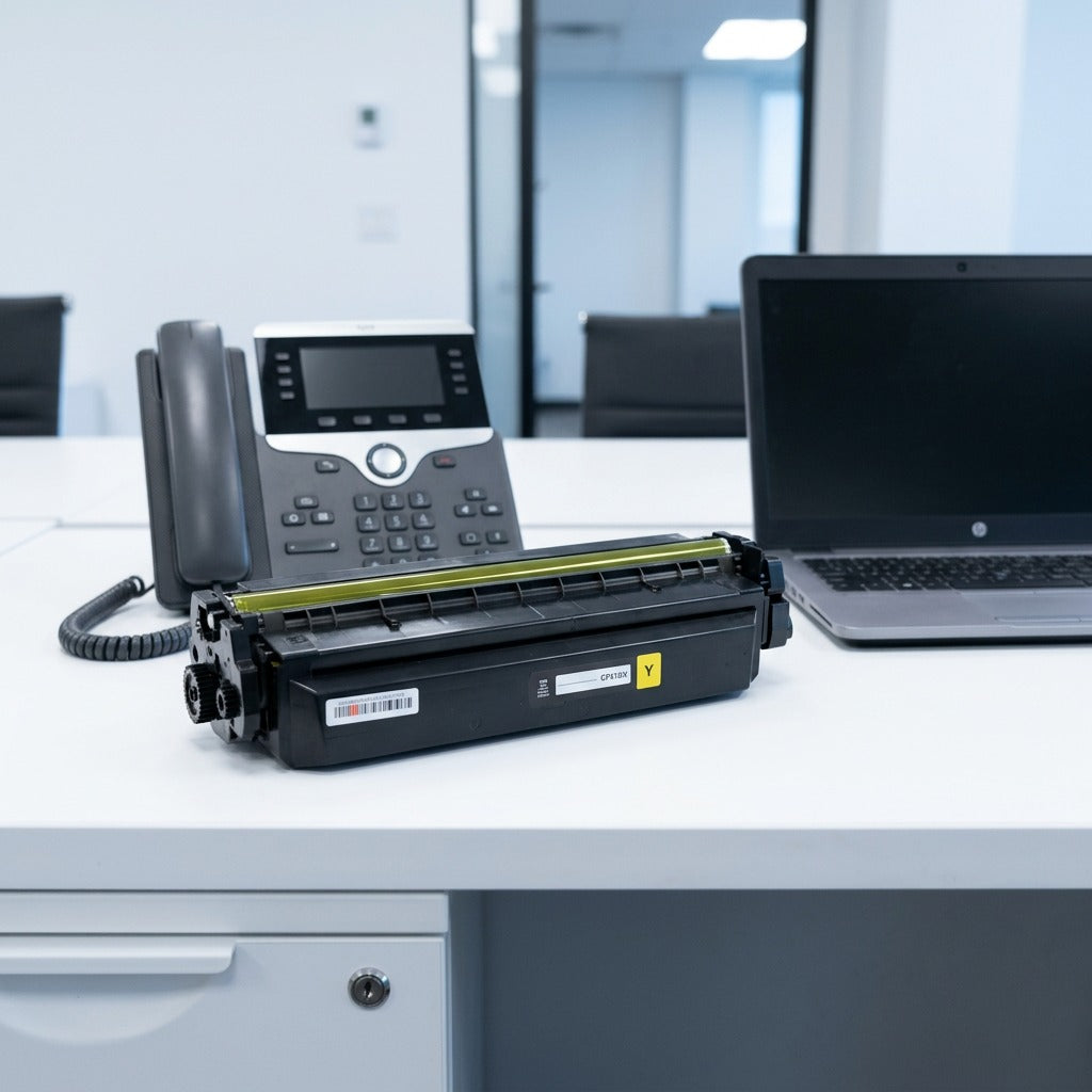 Elevate Imaging Yellow HP 410X (CF412X) toner cartridge on a desk next to a phone and laptop.