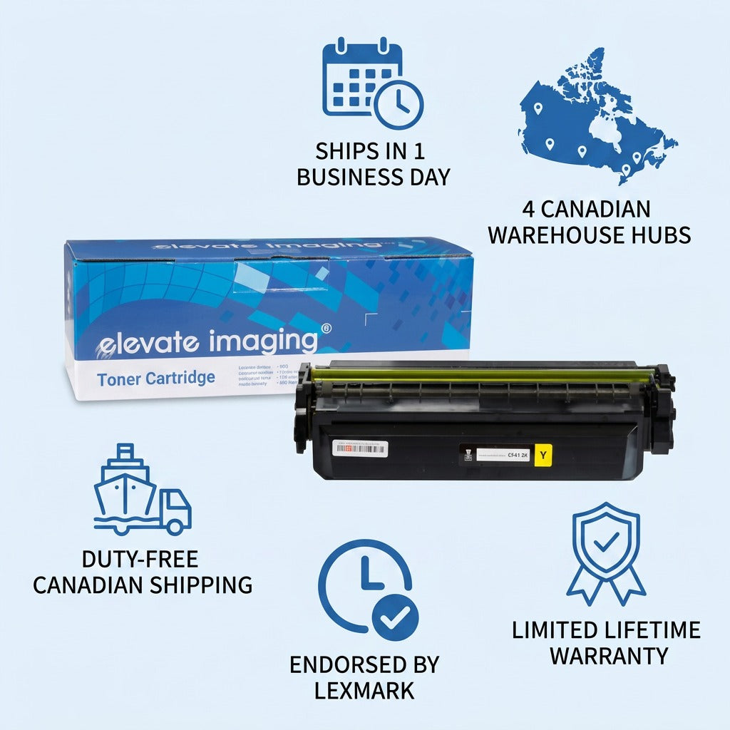 Elevate Imaging HP 410X Yellow Toner with icons for fast shipping and Lexmark endorsement.