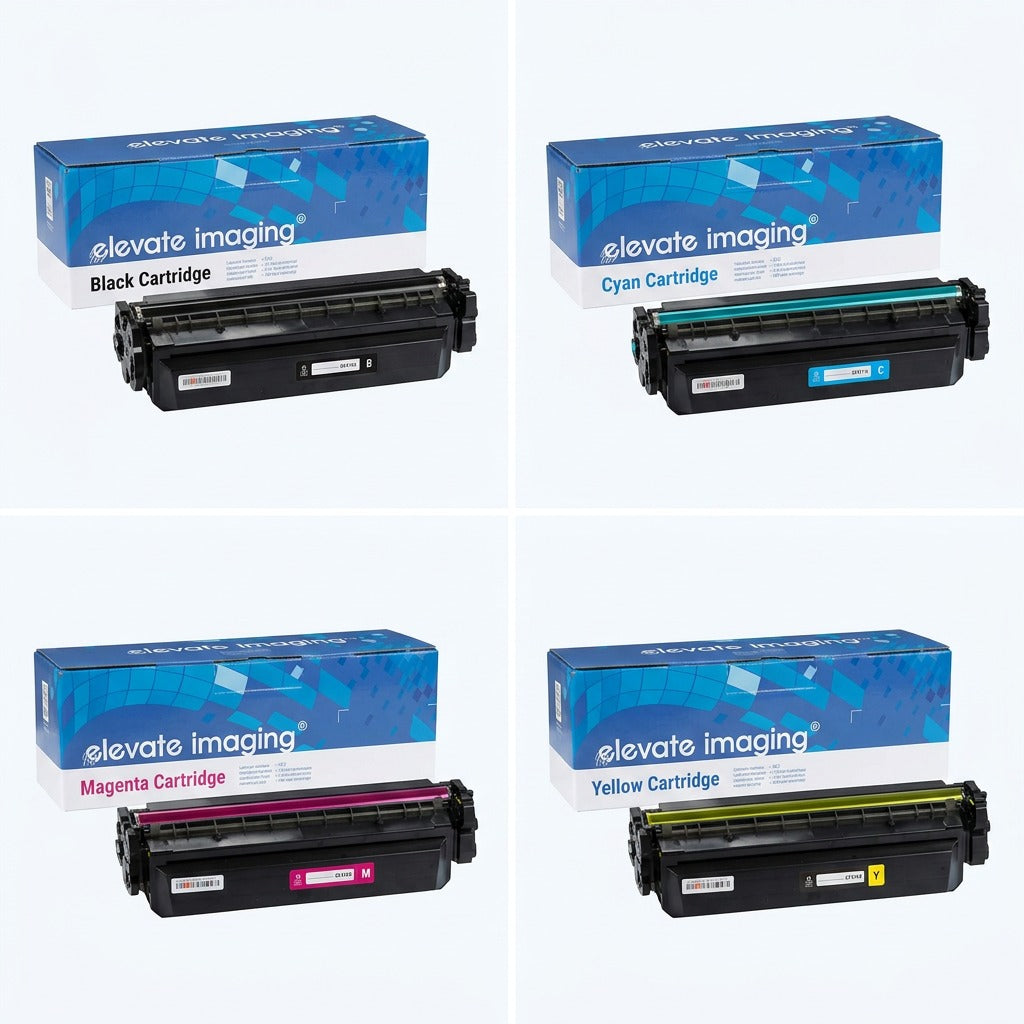 A 2x2 grid of Elevate Imaging compatible HP 410X toner cartridges in black, cyan, magenta, and yellow.