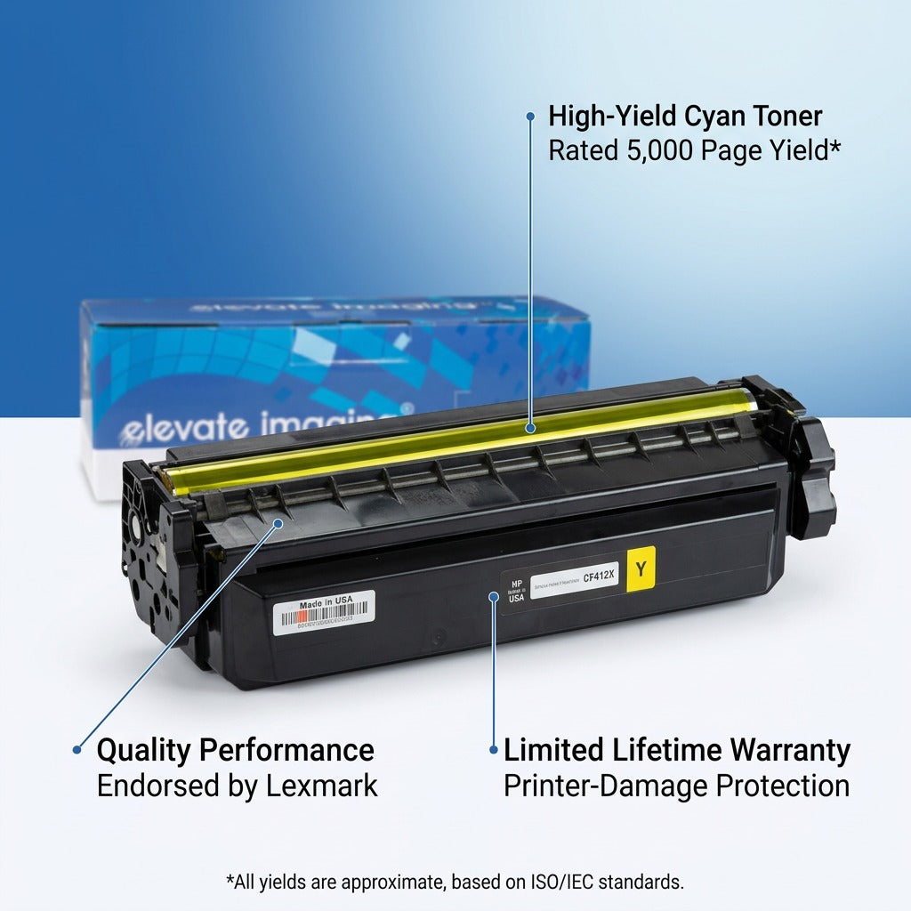 Elevate Imaging HP 410X CF412X yellow toner cartridge with 5,000 page yield and lifetime warranty.