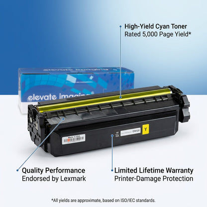Elevate Imaging HP 410X CF412X yellow toner cartridge with 5,000 page yield and lifetime warranty.