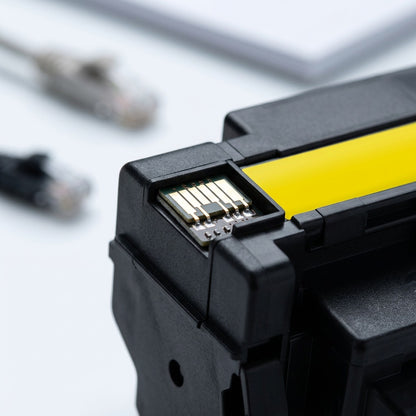 Macro detail of the electrical chip on a yellow HP 410X (CF412X) compatible toner cartridge.