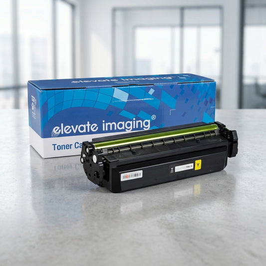 Elevate Imaging remanufactured HP 410X yellow toner cartridge in front of its blue retail box.