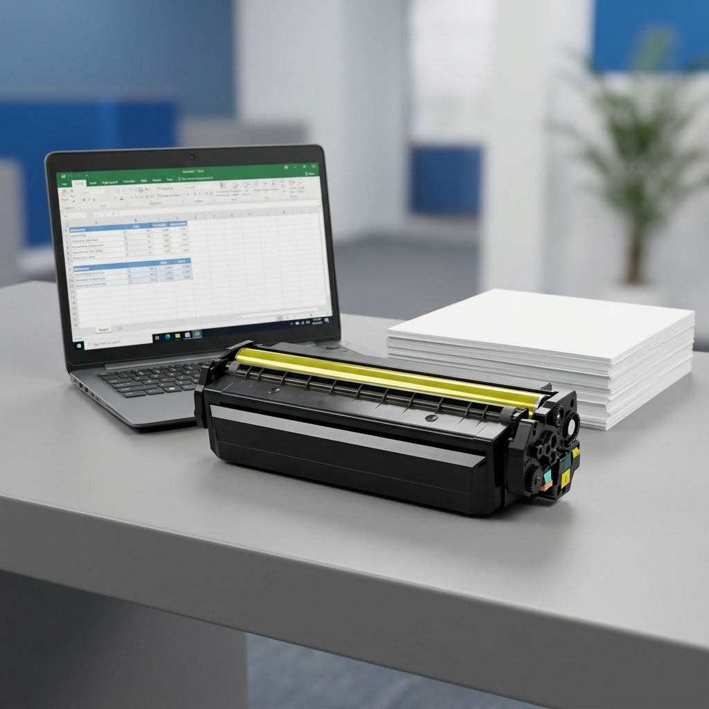 Yellow HP 410X (CF412X) laser toner cartridge on a desk next to a laptop and A4 paper for scale.
