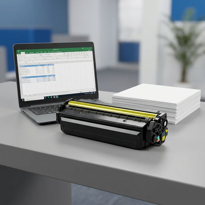 Yellow HP 410X (CF412X) laser toner cartridge on a desk next to a laptop and A4 paper for scale.