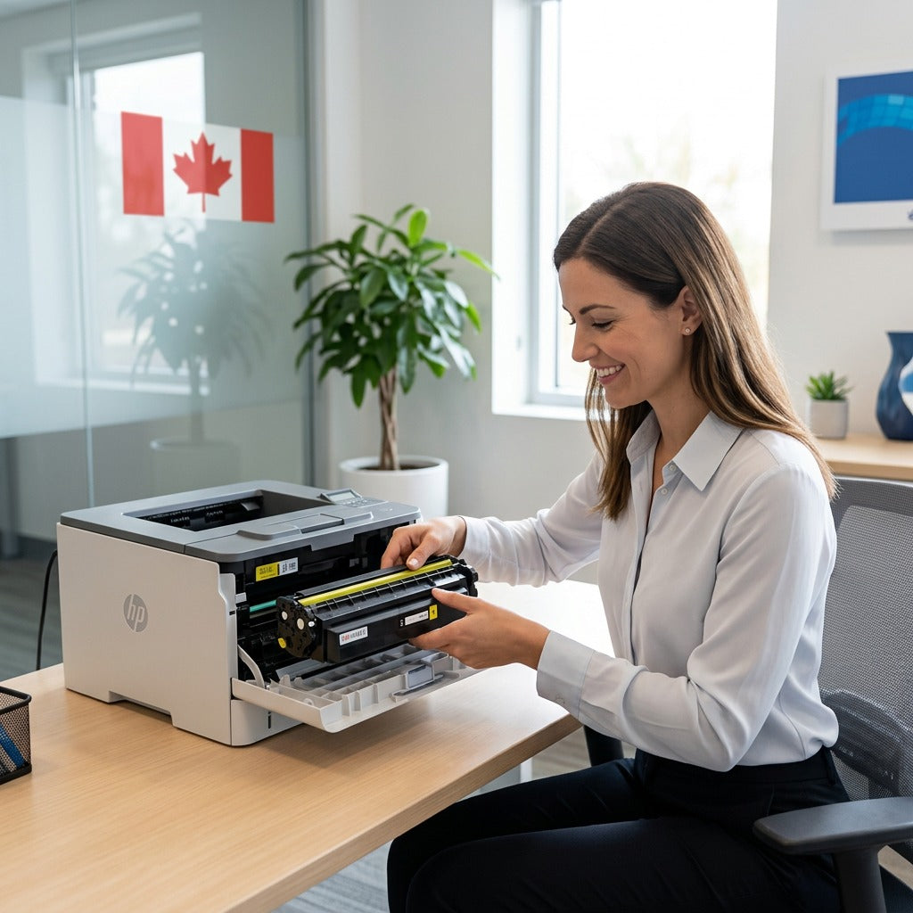 Person installing Elevate Imaging HP 410X yellow toner into a laser printer in a modern office.