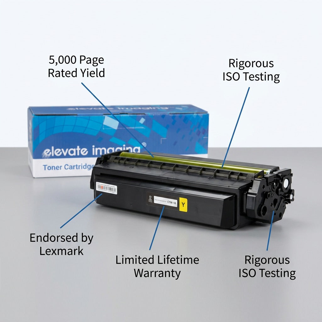 Elevate Imaging HP 410X Yellow Toner Cartridge with 5,000 page yield and ISO testing callouts.