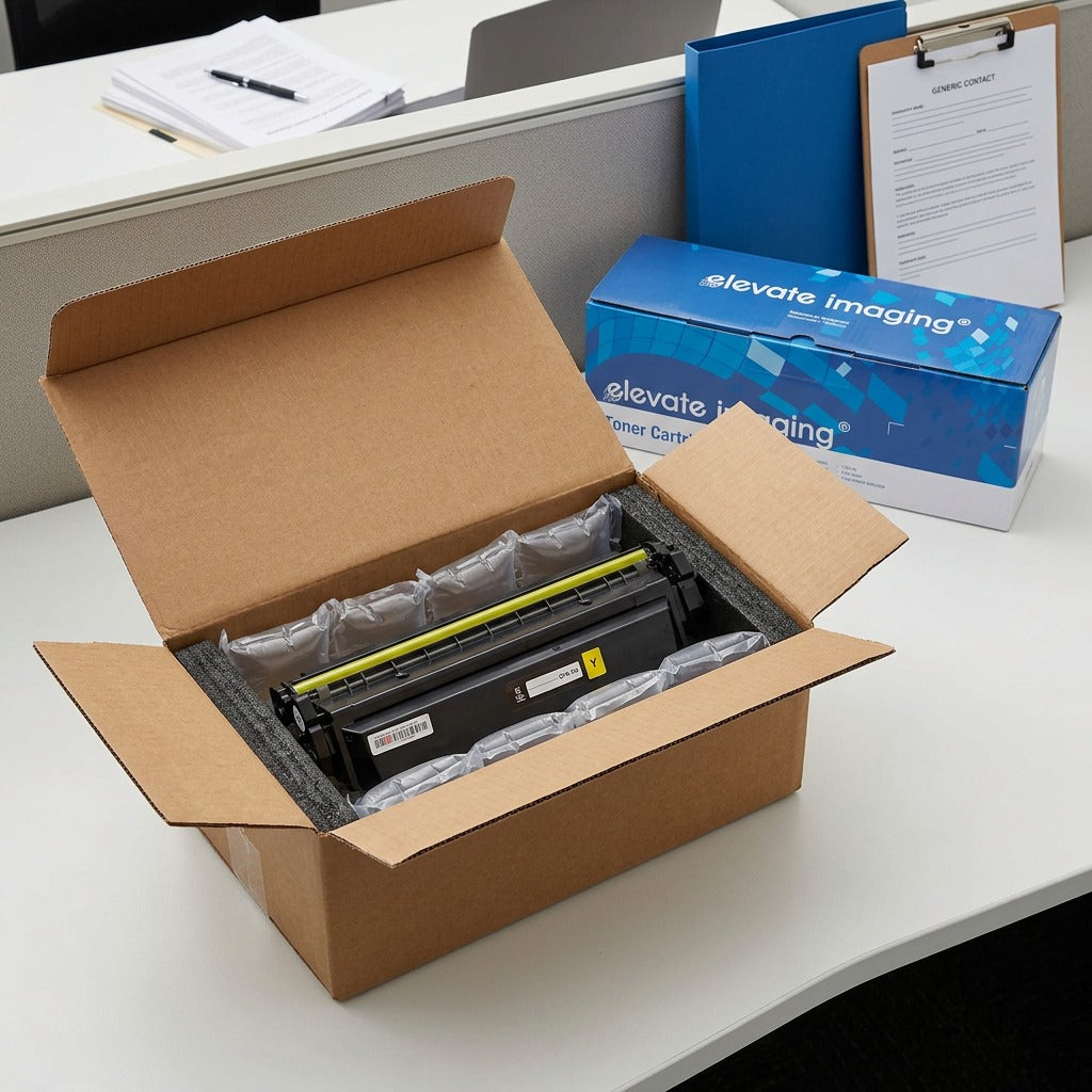 A remanufactured HP 410X yellow toner cartridge by Elevate Imaging, securely packaged in a shipping box with air cushions.