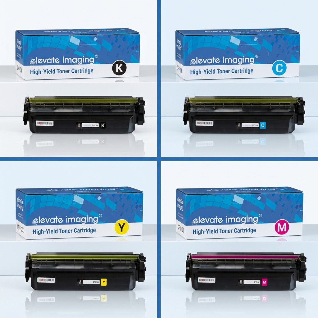 Elevate Imaging HP 410X series toner cartridges in black, cyan, yellow, and magenta with boxes.
