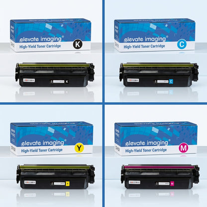 Elevate Imaging HP 410X series toner cartridges in black, cyan, yellow, and magenta with boxes.