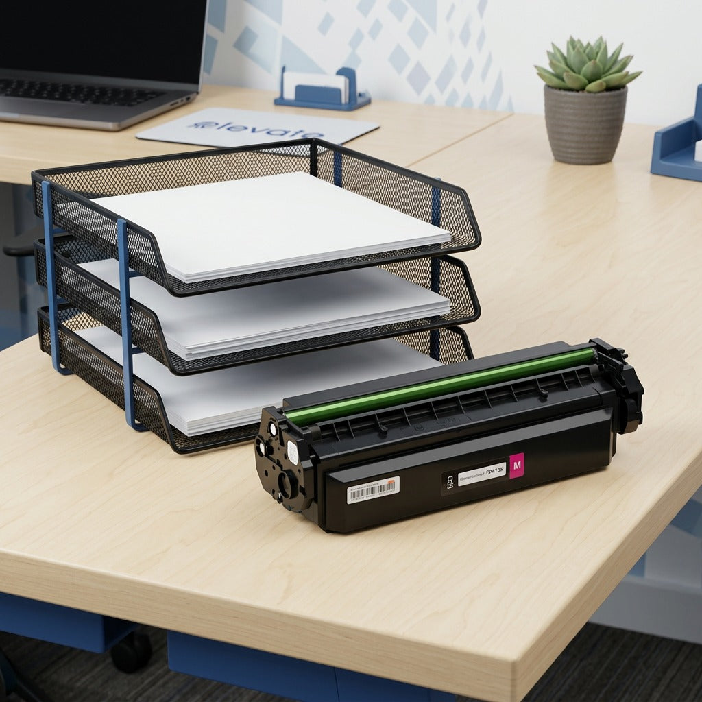 Elevate Imaging magenta HP 410X toner cartridge on a desk next to a paper tray for size reference.