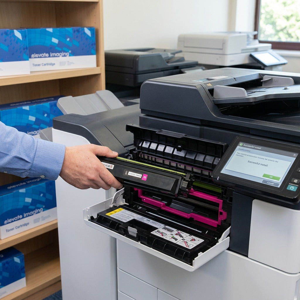 Person inserting an Elevate Imaging HP 410X magenta toner cartridge into a modern office printer.