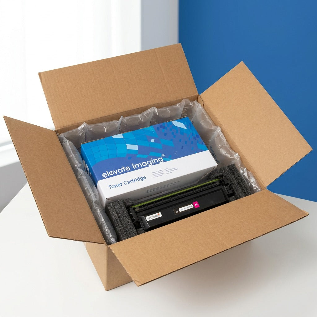 Elevate Imaging HP 410X Magenta Toner Cartridge securely unboxed with protective air cushions.