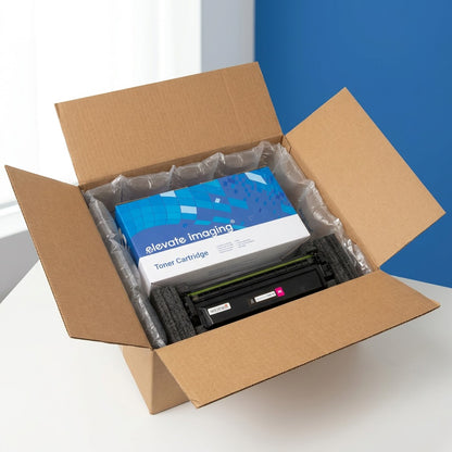 Elevate Imaging HP 410X Magenta Toner Cartridge securely unboxed with protective air cushions.