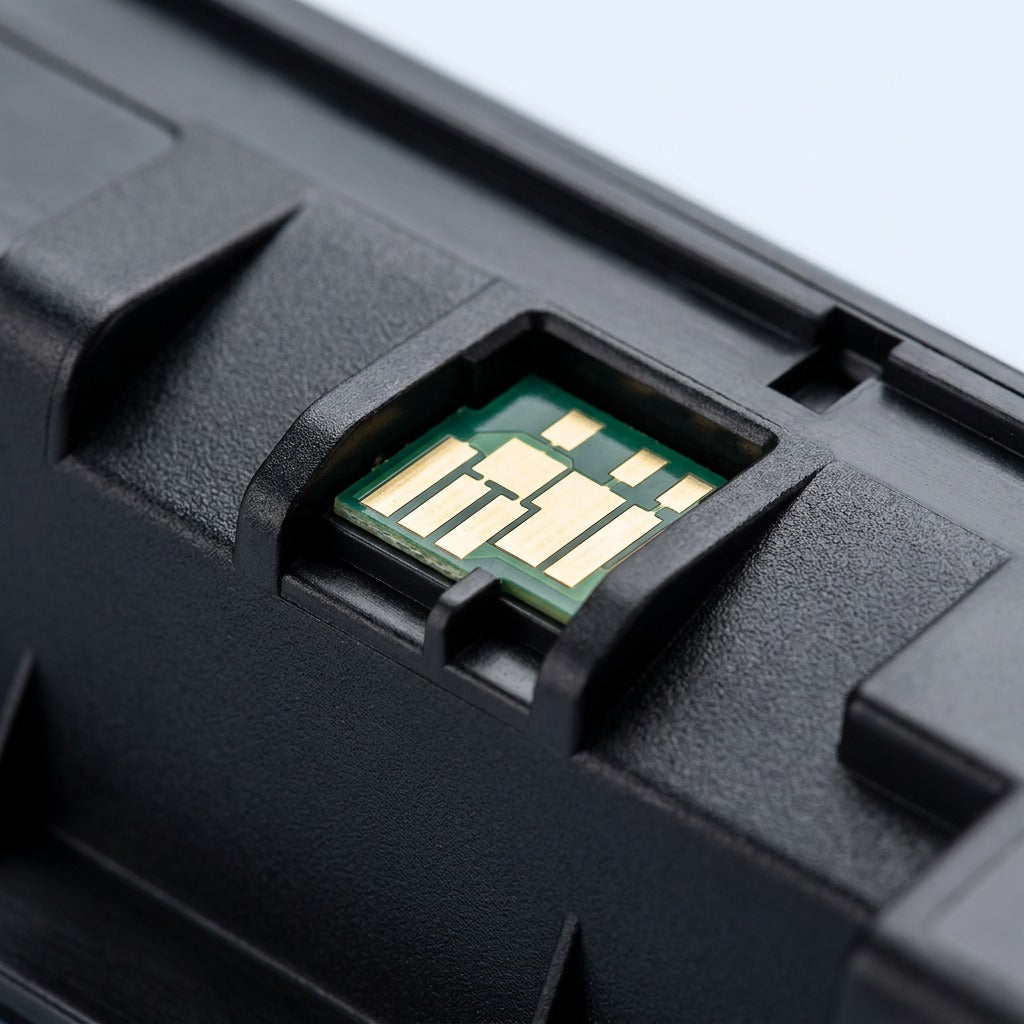 Macro view of the gold electronic chip on an HP 410X (CF413X) remanufactured magenta toner cartridge.
