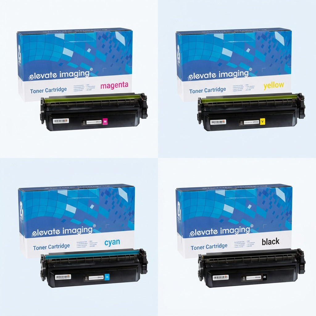 Four-quadrant grid of Elevate Imaging HP 410X remanufactured toner cartridges in magenta, yellow, cyan, and black.