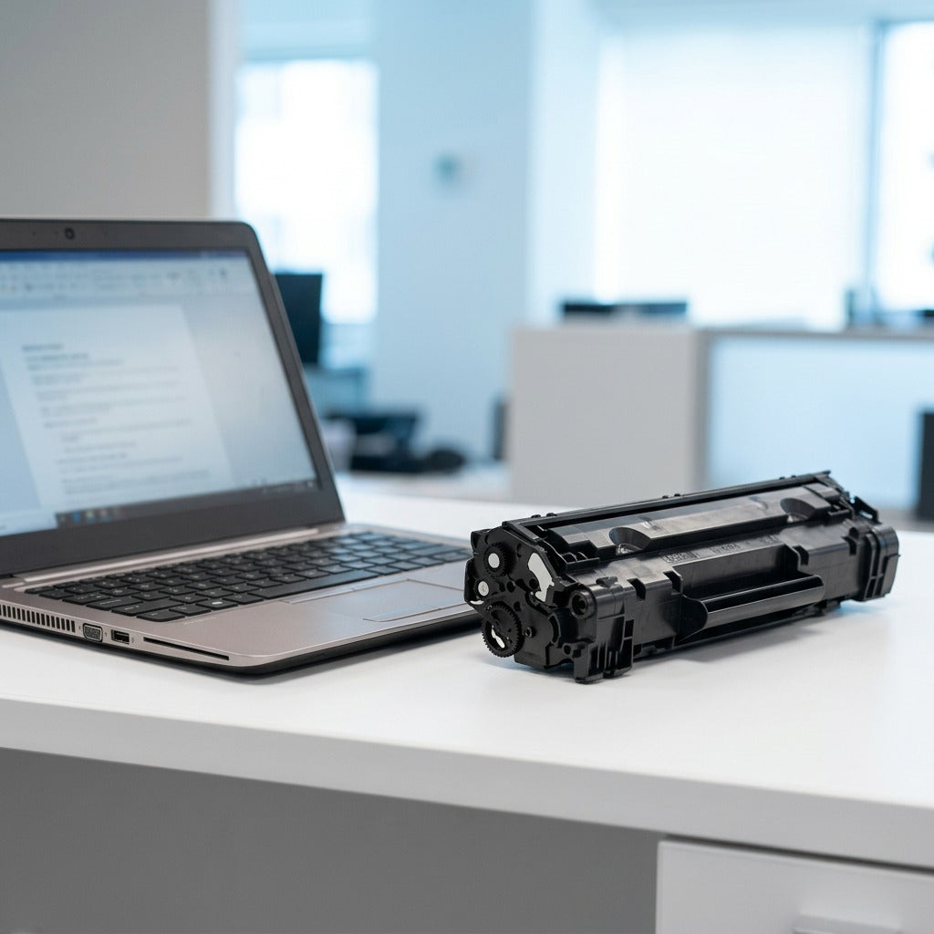 HP 656X (CF460X) high yield black toner cartridge on a desk next to a laptop for scale reference.