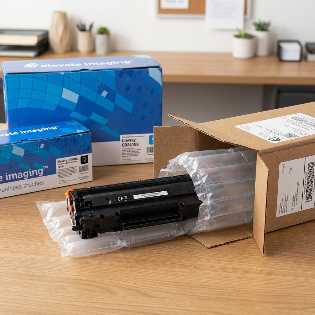 Unboxing an HP 656X Black Toner Cartridge from air-cushioned packaging with Elevate Imaging boxes.