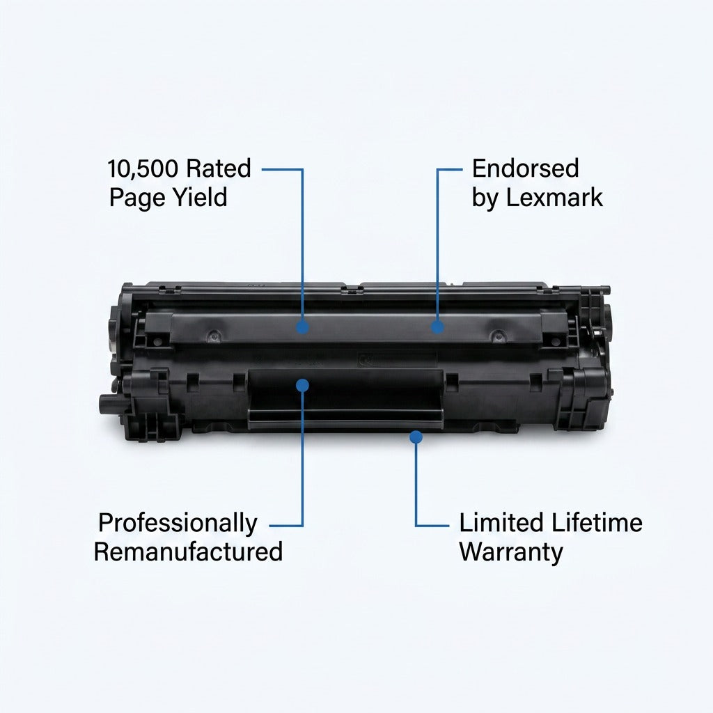 HP 656X (CF460X) Remanufactured Black Toner Cartridge with features callouts for yield and warranty.