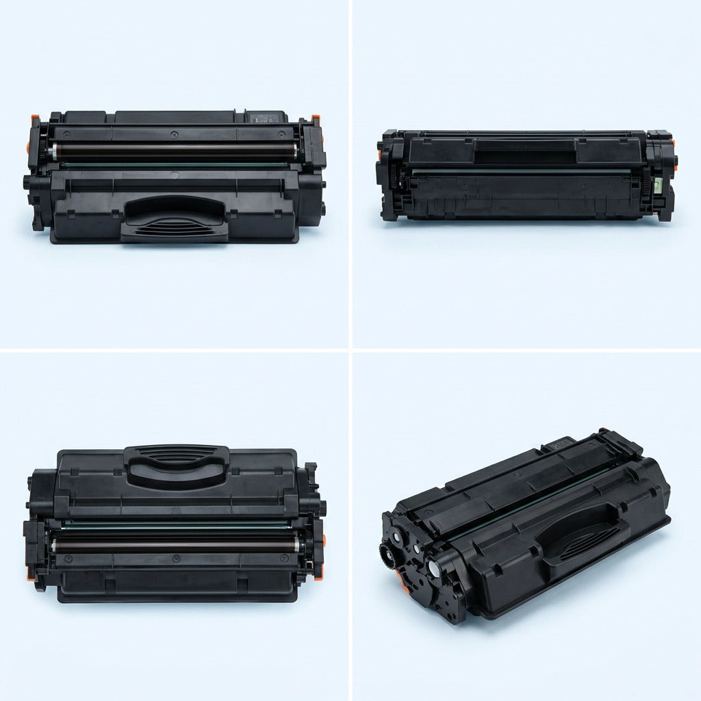 Four-angle grid view of an Elevate Imaging HP 656X Black Toner Cartridge against a light blue background.