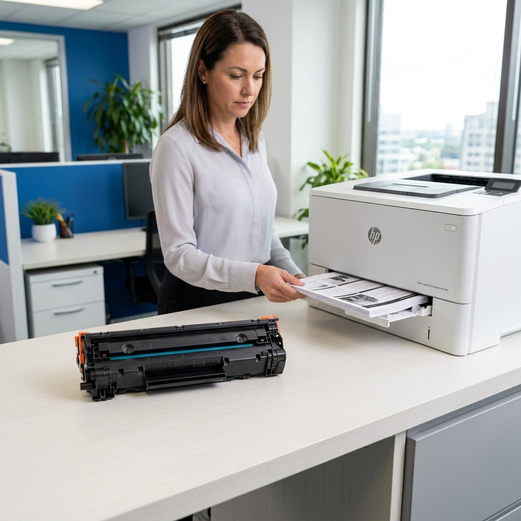 Woman in a professional office collecting documents from an HP printer near a HP 656X black toner.
