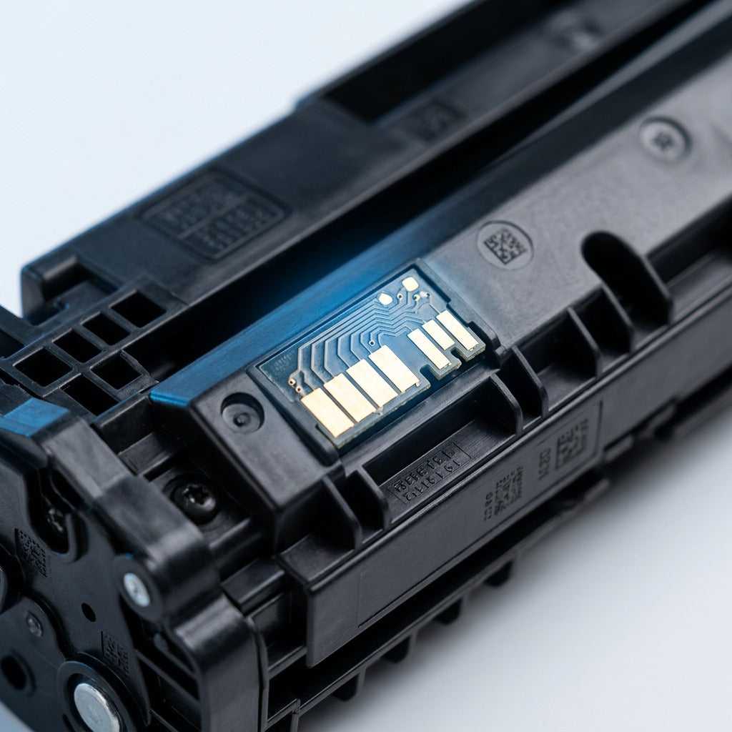 Macro detail of the gold-plated smart chip and molded housing on an HP 656X black toner cartridge.