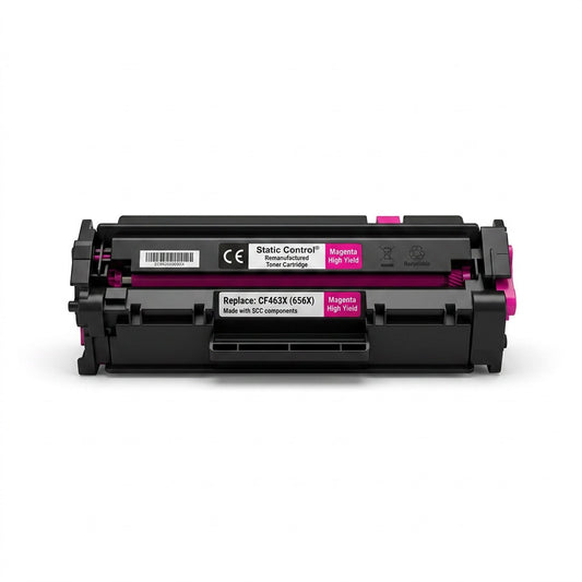 HP 656X (CF463X) high yield magenta remanufactured toner cartridge by Static Control on white.