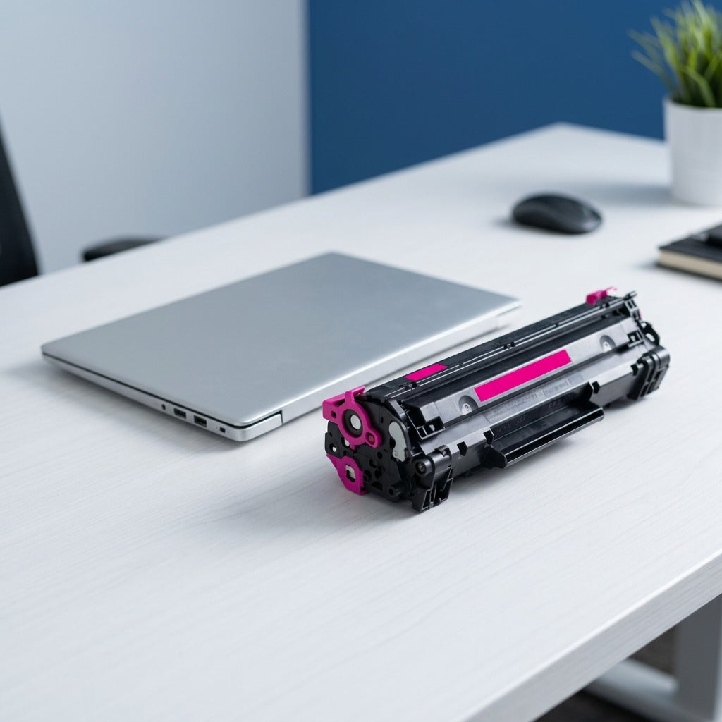 A magenta HP 656X (CF463X) toner cartridge shown next to a 14-inch laptop for size reference.