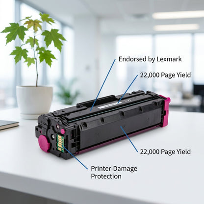 HP 656X Magenta Toner Cartridge features 22,000 page yield and Lexmark endorsement.