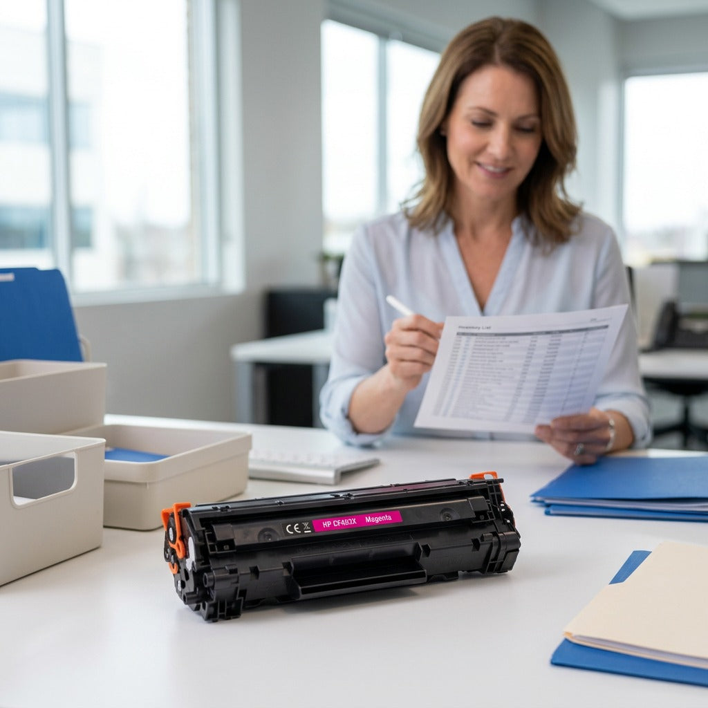 Elevate Imaging Reman HP CF463X Magenta Toner on a bright office desk with a professional background.