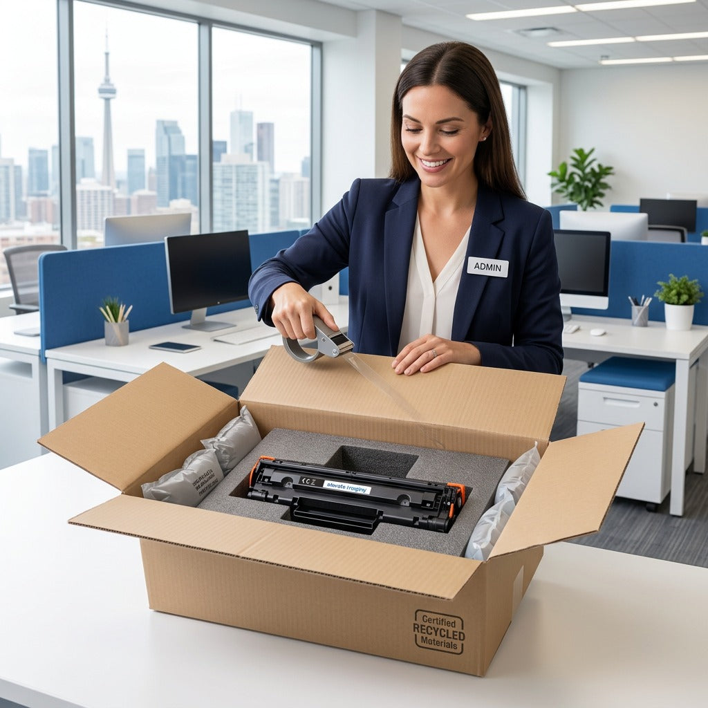 An HP 656X Magenta Toner cartridge securely packed in protective foam inside a shipping box.