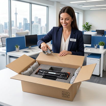 An HP 656X Magenta Toner cartridge securely packed in protective foam inside a shipping box.