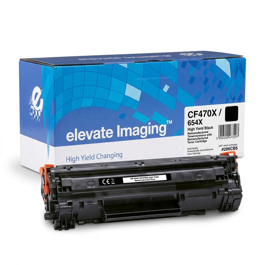 Elevate Imaging remanufactured HP 654X (CF470X) high yield black toner cartridge and retail box.