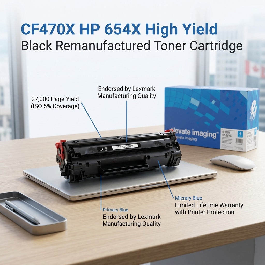 Elevate Imaging HP 654X Black Toner Cartridge graphic showing 27,000 page yield and warranty facts.