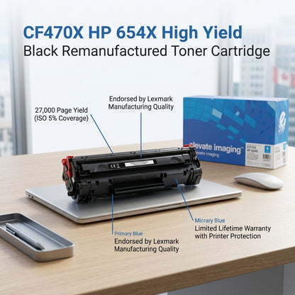 Elevate Imaging HP 654X Black Toner Cartridge graphic showing 27,000 page yield and warranty facts.