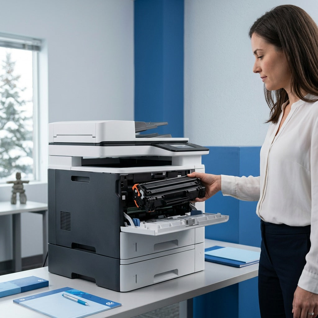 Professional office setting showing person installing an HP 654X CF470X black toner cartridge.