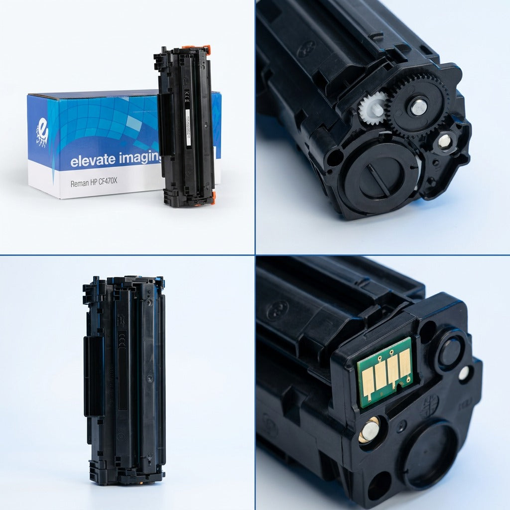 Four-view grid of Elevate Imaging HP 654X (CF470X) black toner showing box, gears, and chip contact.
