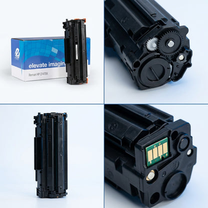 Four-view grid of Elevate Imaging HP 654X (CF470X) black toner showing box, gears, and chip contact.
