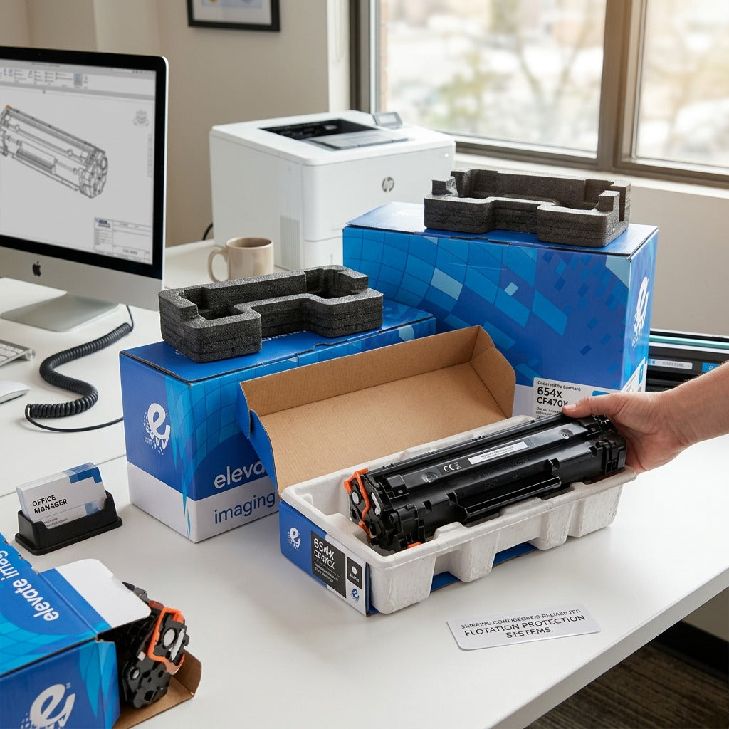 Unboxing an Elevate Imaging HP 654X (CF470X) toner cartridge with protective shipping foam.